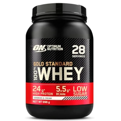 Abbildung von Optimum Nutrition Gold Standard 100% Molkenproteinpulver für Muskelaufbau und regeneration mit natürlich vorkommendem Glutamin BCAA Aminosäuren, Cookies &amp; Cream, 28 Portionen, 896 g