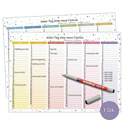 Abbildung von TOBJA Immerwährender DIN A4 Tafelkalender Abwischbar, wiederbeschreibbar inkl. Stift Geburtstagskalender Jahresunabhängig beidseitig bedruckt Bunte Dots Design (+1 Markenstift)