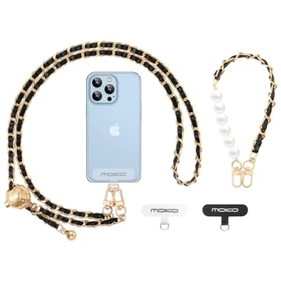 Abbildung von MoKo Handykette Universal, Verstellbar Schlüsselband mit Handschlaufe, Handyband Handy Lanyard für iPhone, Samsung &amp; meisten Smartphones, Umhängebandx1, Handschlaufex1, Patchx2, Schwarz