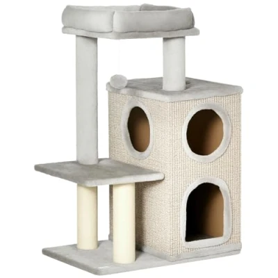Abbildung von PawHut Kratzbaum mit Katzenhöhle, Katzenbett und Ballspielzeug, Hellgrau, 60B x 40T 91H cm