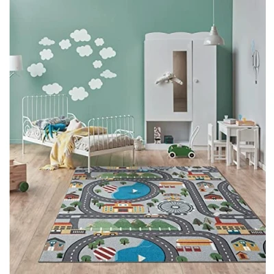 Abbildung von the carpet Happy Life Kinderzimmer, Kinderteppich, Spielteppich, Straßenteppich, Straße, Stadt, Auto, Grau, 120 x 160 cm