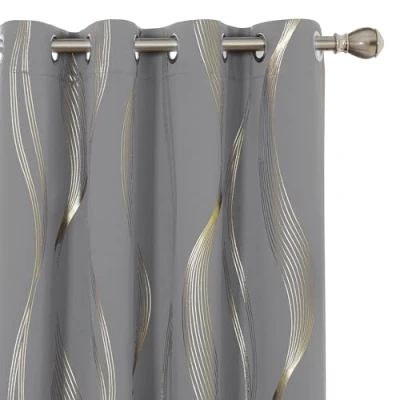 Abbildung von Deconovo Set mit 2 Vorhängen, goldfarben, Verdunkelungslinie, Thermo, Kälteschutz, 117 x 183 cm, Ösenvorhang, modernes Design, für Schlafzimmer, Haus, Wohnzimmer, Hellgrau