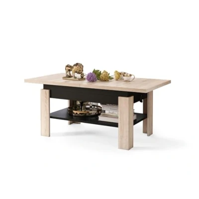 Abbildung von All4All Couchtisch Rino Kaffeetisch Wohnzimmertisch mit Ablage Sofatisch ausziehbar bis 170cm höhenverstellbar 130x65cm 05 Sonoma Eiche + Schwarz