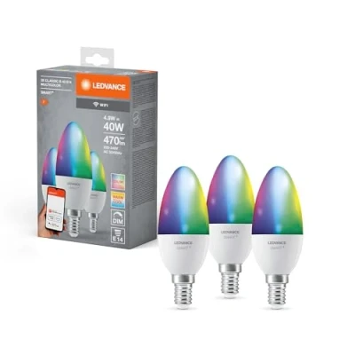 Abbildung von LEDVANCE Smarte LED Lampe mit WiFi Technologie für E14 Sockel, matte Optik ,RGBW Farben änderbar, Lichtfarbe änderbar (2700K 6500K), 470 Lumen, Ersatz herkömmliche 40W Leuchtmittel, 3 er Pack