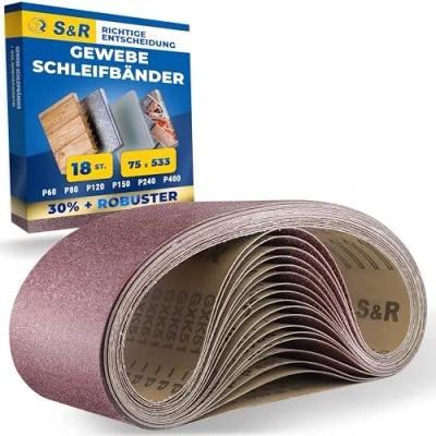 Abbildung von S&amp;R Schleifpapier Schleifband Set, 75 x 533 mm, für Bandschleifer, Schleifgurte, (Set, 18 St., je 3x P60, P80, P120, P150, P240, P400), reißfestes Gewebe Schleifpapier, Holz, Metall, Plastik, Entrostung