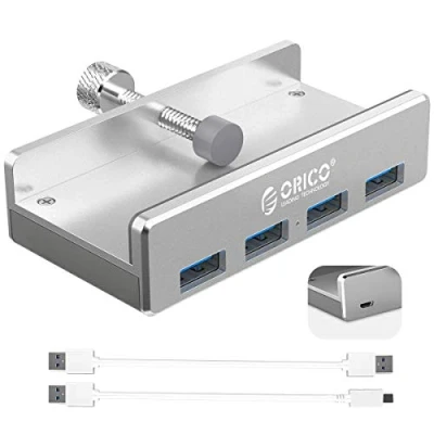Abbildung von 4 Port USB 3.0 Hub, ORICO Typ C zu Adapter Mit Extra Netzteilanschluss Port, Aluminium Hub für Desktop Computer, MacBook, MacBook Air/Pro/Mini (Datenkabel A to 1,5M+ 1,5M)