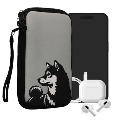 Abbildung von kwmobile Handytasche für Smartphones L 6,5&quot; Neopren Handy Tasche Hülle Cover Case Schutzhülle Shiba Hund Schwarz Weiß Grau 16,5 x 8,9 cm Innenmaße