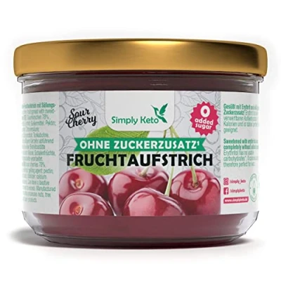 Abbildung von Simply Keto Fruchtaufstrich mit Erythrit &quot;Sauerkirsche&quot; (230g) Lower Carb* Marmelade ohne Zuckerzusatz Über 75% Fruchtanteil Ideal für Low Carb, Keto, Paleo, vegane, ketogene Ernährung