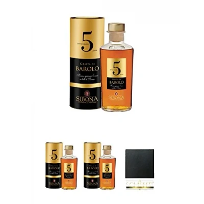 Abbildung von Sibona Grappa di Barolo Invecchiata 5 Jahre 40% in Tube 3 x 0,5 Liter + Schiefer Glasuntersetzer eckig ca. 9,5 cm Durchmess