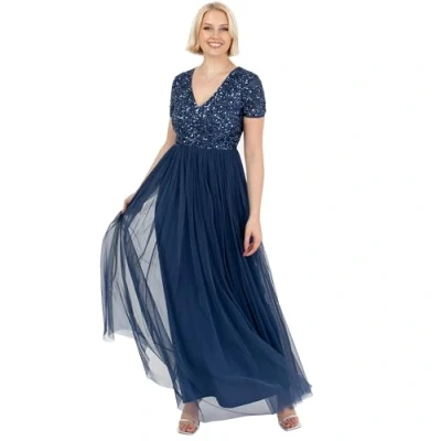 Abbildung von Maya Deluxe Damen Ballkleid Abendkleid V Ausschnitt Maxi Länge Pailletten Kurze Ärmel Für Hochzeit Geburtstag Brautjungfer Bridesmaid Dress, French Navy, 38 EU
