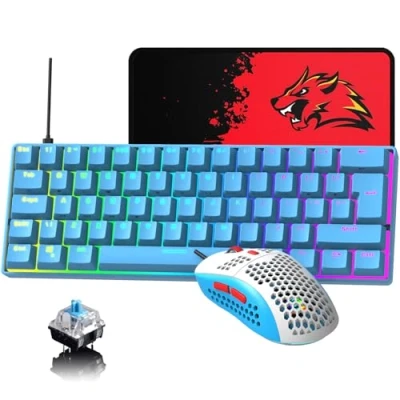 Abbildung von 60% UK Layout Kabelgebundene Gaming Tastatur und Maus, 62Keys Mini Compact Mechanical Keyboard, 19 Rainbow Lighting Effect + 6 RGB Leichte Maus mit 6400 DPI (blau/Blauer Schalter)
