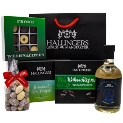 Abbildung von Hallingers Berauschendes Fest Weihnachtliches Geschenk Set mit Gin, Pralinen &amp; mehr als Geschenkkorb zu Weihnachten (Set) Adventskalender Neuheiten befüllen Glückwunsch Glückwü