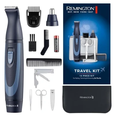 Abbildung von Remington Reiseset Hygiene im Etui [13 teilig: für Haare &amp; Maniküre/Pediküre etc.] Bartschneider, Nasenhaartrimmer, Ohren Augenbrauentrimmer, Nagelklipper Schere, Pinzette, 2 Kämme etc. NE3890