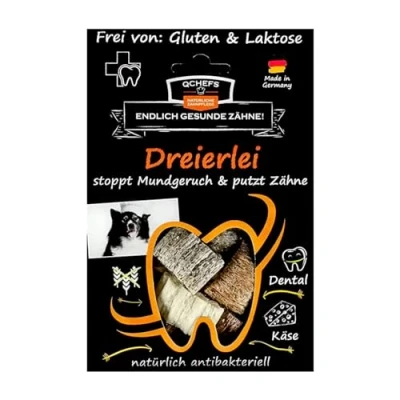 Abbildung von QCHEFS DREIERLEI Hundeleckerli bei Mundgeruch, Zahnfleischentzündung als Zahnsteinentferner durch natürlich antibakterielle Zahnpflege ohne Dentalspray, Zahnbürste oder Zahnpasta (1er Pack)