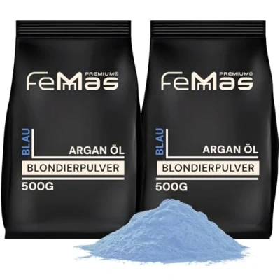 Abbildung von FemMas Blondierpulver blau 1000g I ultra stark &amp; staubfrei Blondierungspulver mit Plex Technologie Arganöl gleichmäßige Blondierung Hair Bleach für Aufhellungen bis zu 9 Nuancen