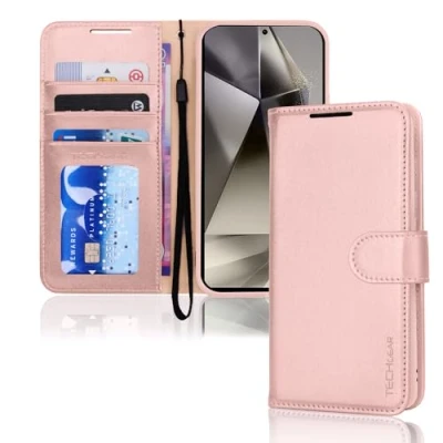 Abbildung von TECHGEAR Galaxy S24 Ultra Leder Hülle, PU Flip Case Schutzhülle Ledertasche [Brieftasche] Handyhülle mit Ständer und Handschlaufe Beutel Hülle Kompatibel Samsung Rosa