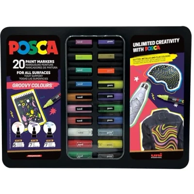 Abbildung von Uni Ball 186832 POSCA Marker Set, 20 Acrylstifte im Etui, Set Groovy Colours, Spitze PWE5M 1,8 2,5 mm