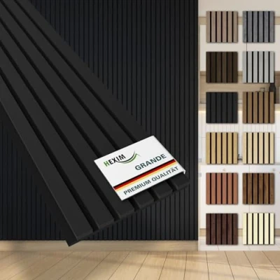 Abbildung von HEXIM Lamellen Grande 280cm Akustikpanelee XXL Wandpaneele 21mm Schalldämmung Echtholzfurnier Akustikfilz Lamellenwand Schwarz (1 Musterstück/Black Ash)