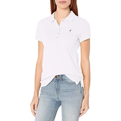 Abbildung von Nautica Damen Poloshirt mit 5 Knöpfen, kurzärmelig, atmungsaktiv, 100% Baumwolle Polohemd, Helles Weiß, X Groß