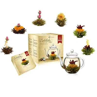 Abbildung von Creano Teeblumen Mix goldenes Geschenkset Erblühtee mit Glas Teekanne weißer, grüner &amp; schwarzer Tee in 6 Sorten Geschenk für Frauen 7 teilig