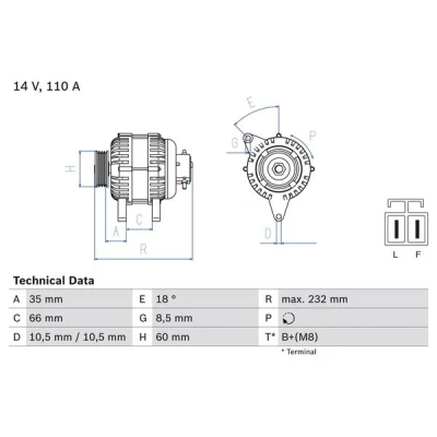 Abbildung von BOSCH 0 986 048 301 Lichtmaschine 14V 110A OPEL: Combo C Tour, Astra H Caravan, Corsa Schrägheck