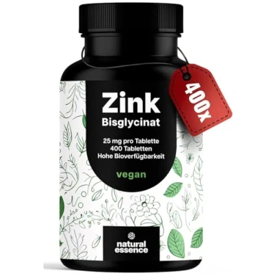Abbildung von Zink Tabletten hochdosiert 400 mit 25mg Bisglycinat Vegan und produziert in Deutschland Laborgeprüft