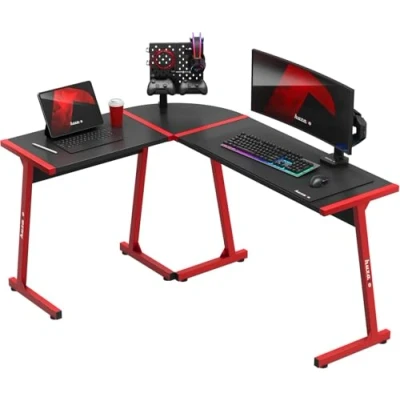 Abbildung von huzaro Hero 6.0 Red L Form Eckschreibtisch Gaming Tisch Schreibtisch Computertisch Bürotisch Homeoffice Arbeitszimmer Büro Rechts Links Montage Carbon Tischplatte 147x112cm Rot