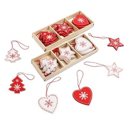 Abbildung von BELLE VOUS 24 STK Christbaumschmuck aus Holz 6 Motive x 4 Baumschmuck Weiß Rot Herz, Baum, Stern Weihnachts Anhänger mit Box Geschenke, Weihnachtsschmuck, Christbaumanhänger, Weihnachtsdeko