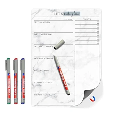 Abbildung von TOBJA Magnettafel Menüplaner A4 &quot;Magnetfolie&quot; + 4 edding Stifte, (Spar Set), Essensplaner Woche abwischbar, Küche Whiteboard