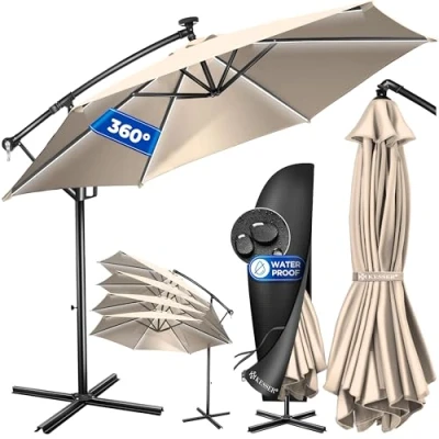 Abbildung von KESSER® Alu Ampelschirm LED Solar Ø350cm Inkl. Abdeckung Fernbedienung Kurbelvorrichtung Kurbelschirm mit Ständer 360 Funktion UV Schutz Aluminium Wasserabweisend Garten Schirm Marktschirm Beige