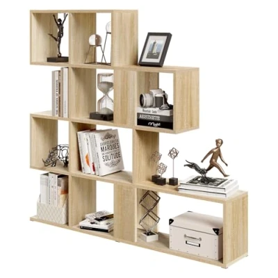 Abbildung von eSituro Bücherregal 4 Ebenen, Raumteiler Regal mit 11 offenen Fächern, freistehendes Treppenregal, Standregal, Stufenregal, für Wohnzimmer, Schlafzimmer, Büro, 115x109,5x19,5 cm, helle Eiche