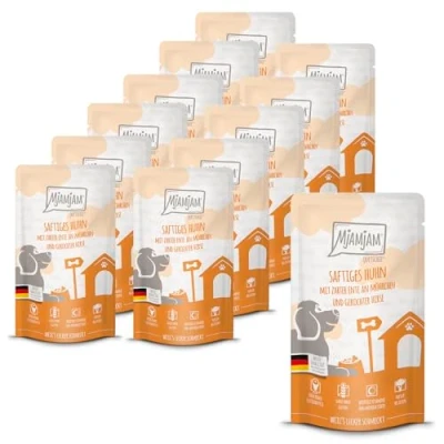 Abbildung von MjAMjAM Premium Nassfutter für Hunde Quetschie saftiges Huhn mit zarter Ente an Möhrchen und gekochter Hirse, 12er Pack (12 x 125g), glutenfrei extra viel Fleisch