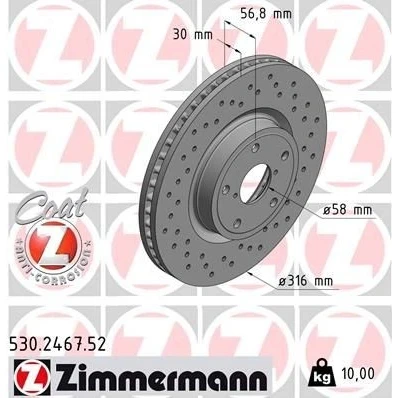 Abbildung von ZIMMERMANN 530.2467.52 Bremsscheibe 316 30 7/5 5 114 innenbelüftet, gelocht beschichtet SUBARU: Outback V, Levorg I