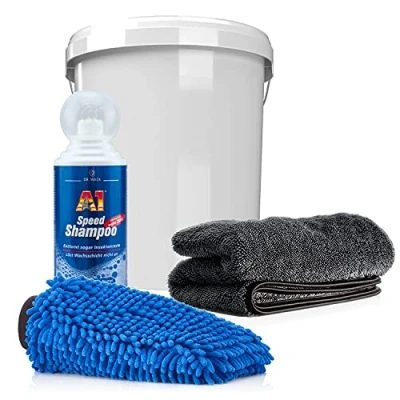 Abbildung von detailmate Auto &amp; Motorrad Wasch Set: Dr. Wack A1 Speed Shampoo 500ml + Kunststoff Wascheimer mit passendem Deckel Mikrofaser Chenille Waschhandschuh saugstarkes Trockentuch, 50x80cm, 1000GSM