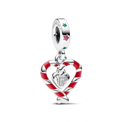 Abbildung von PANDORA Moments Doppelte Zuckerstange Herz Weihnachts Charm Anhänger aus Sterling Silber, Kompatibel Armbändern, 792822C01