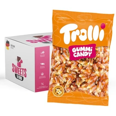 Abbildung von Trolli Süßigkeiten 1 kg Beutel Verschiedene Sorten zur Auswahl Mit stylishem SWEETS&#039;N FOOD Packband verpackt (Colaflaschen)