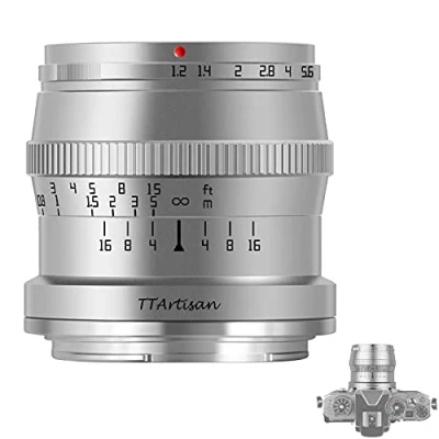 Abbildung von TTARTISAN 50mm F1.2 Objektiv APS C MF für Sony E Mount Kameras A5000 A6500 A6600 NEX 3 3N 7 NEX5 CA7 A7I A7R A7RII A7RIII A7RIV A7S A7SI A7SII A9 und mehr.（Silber）