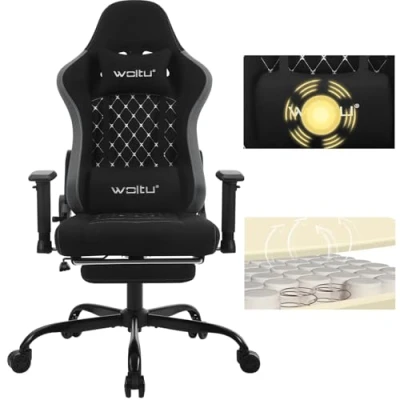 Abbildung von WOLTU Massage Gaming Stuhl, Bürostuhl ergonomisch, Racing Gamer Sessel, Computerstuhl 150 kg, Drehstuhl mit Rollen, Kopfstütze, Fußstütze, Lendenkissen, Tech Stoff, Schwarz + Grau, GS09szg