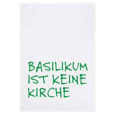 Abbildung von Geschirrtuch weiß, Basilikum ist keine Kirche in grün
