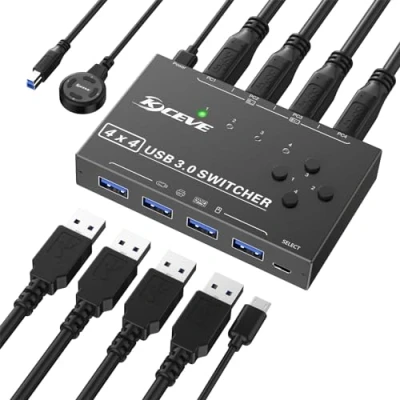 Abbildung von USB 3.0 Switch 4 PC, CAMGEET In Out für Geräte, Maus, Tastatur, Scanner, Drucker, PC Kompatibel mit Mac/Windows/Linux, kabelgebundener Fernbedienung und Kabeln