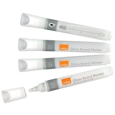 Abbildung von Nobo Liquid Ink Whiteboard Marker für Glas Whiteboards, 3 mm Rundspitze, 4er Set, trocken abwischbar, Non Permanent Stift Präsentationen in der Schule oder im Büro, weiß, 1905323