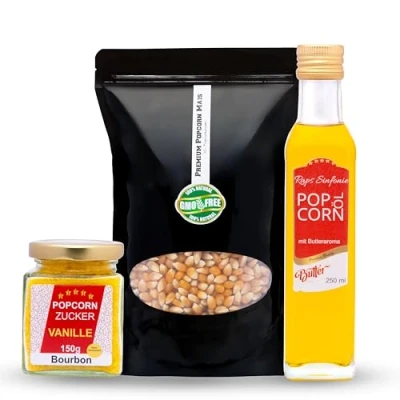 Abbildung von Hopser Food Fun Partyset 500g Premium Puffmais,250ml Popcornöl mit Butteraroma und 150g Popcorn Vanille Zucker Popcornset für Popcornmaschine