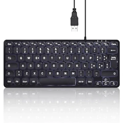 Abbildung von Perixx PERIBOARD 332BIT Mini USB Tastatur mit Hintergrundbeleuchtung,Große Schriftarten,Low Profile Tasten,Weiße LED Hintergrundbeleuchtung,Italienisches Layout,Schwarz