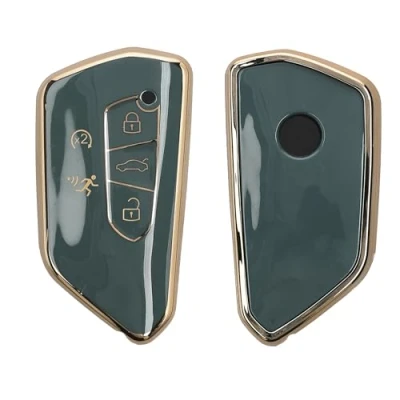Abbildung von kwmobile Autoschlüssel Hülle kompatibel mit VW Golf 8 5 Tasten Seat Leon MK4 Tarraco Atec Schlüsselhülle Silikon Cover Blau Gold
