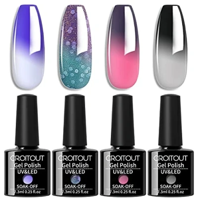 Abbildung von Croitout Gel Nagellack Set, UV Farbwechsel Thermo Shellac Gellack Kit, Mehrfarbig Ablösbarer Nagelgel Farbgel Nagel, Chameleon Polish Set 4 x 7.3ml