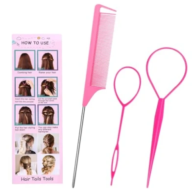 Abbildung von 3 Stück Haar Tail Twister Band, Frisurenhilfe Zopfhalter, Dutt Styler Haartwister, Hair twister, Rattenschwanzkamm, Frisuren zubehör haare flechten für Frauen Mädchen (Rosa)