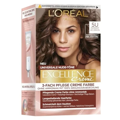 Abbildung von L&#039;Oréal Paris Permanente Haarfarbe für jeden Hautton, Coloration ohne Ammoniak, Universale Nude Töne mit vollständiger Grauhaarabdeckung, Excellence Creme, Nr. 5U Hellbraun (Braun), 1 Stück