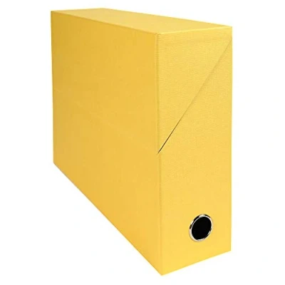 Abbildung von Exacompta 89529E Premium Transferbox aus Leinwandpapier 9cm Rückenbreite mit Griffloch DIN A4 gelb ideale Transportbox und perfekt geeignet für die sichere Aufbewahrung Ihrer Ordner