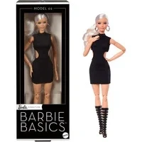 Abbildung von Barbie Basics Model 02 mit blondem Haar, schwarzem Kleid und Gladiator Boots, Puppe