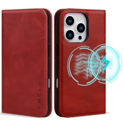 Abbildung von VS VISOUL Hülle für iPhone 16 Pro,Schutzhülle Echt Leder Schützt vor Stoß Kartenfach Magnetverschluss Stand klappbar handyhülle Handytasche Etui Case Pro Rot A